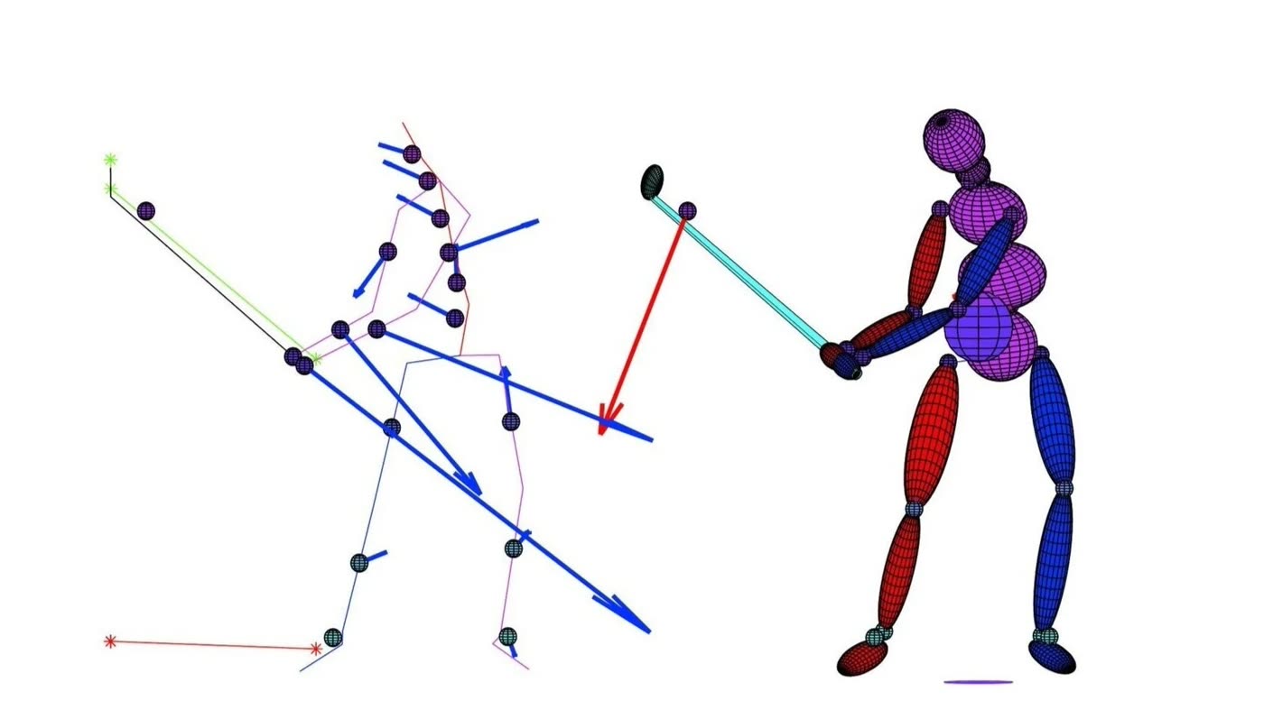 Full-body segment force diagram from a biomechanical swing analysis